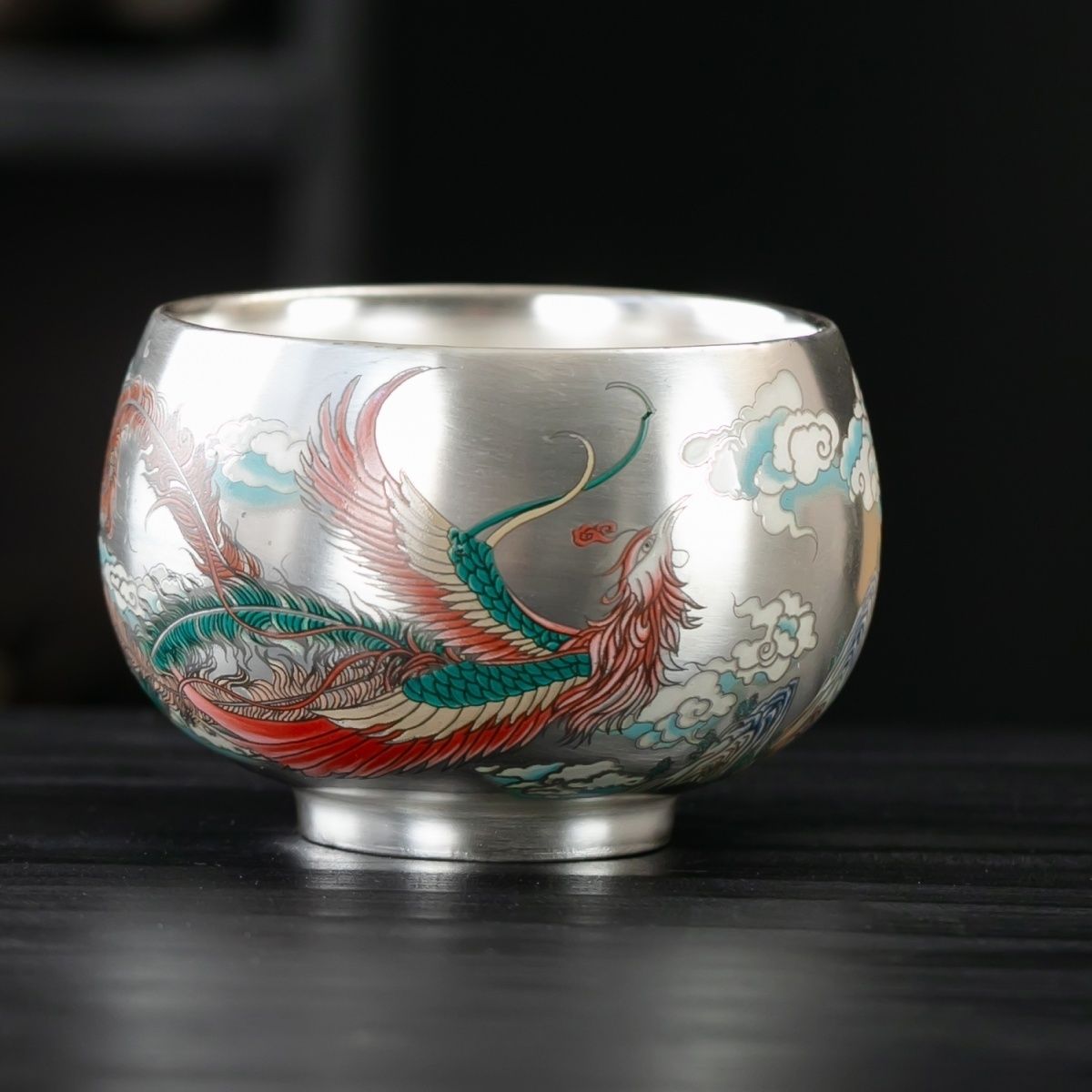 陈阳槟大师主人杯单杯999纯银茶杯陶瓷品茗杯茶盏功夫茶具鎏银杯