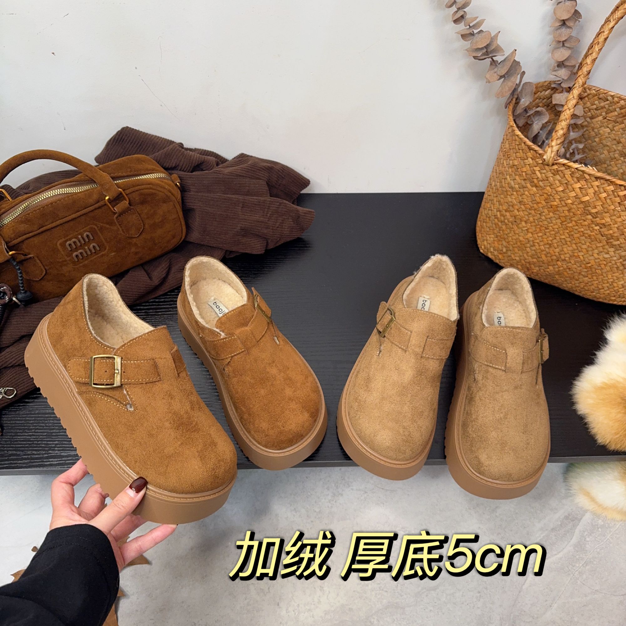 【】增高5CM冬季极简风雪地靴棉鞋休闲风复古港风韩版勃肯鞋加绒