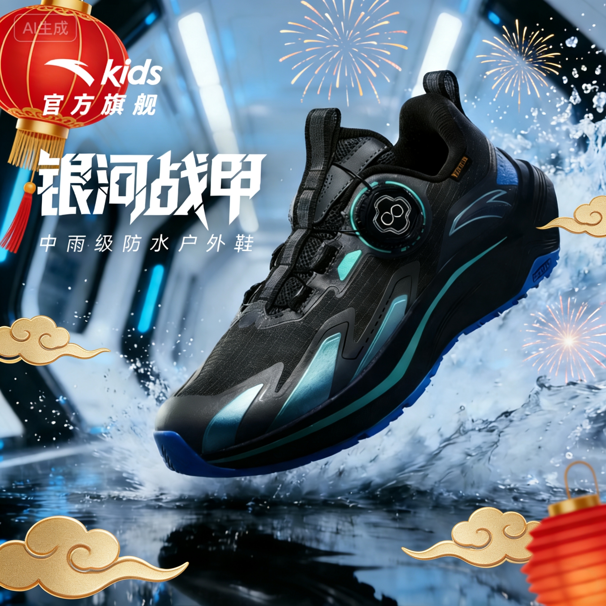 【雨盾 | 马年限定】安踏儿童跑鞋2026新款舒适防滑耐磨革面防水鞋