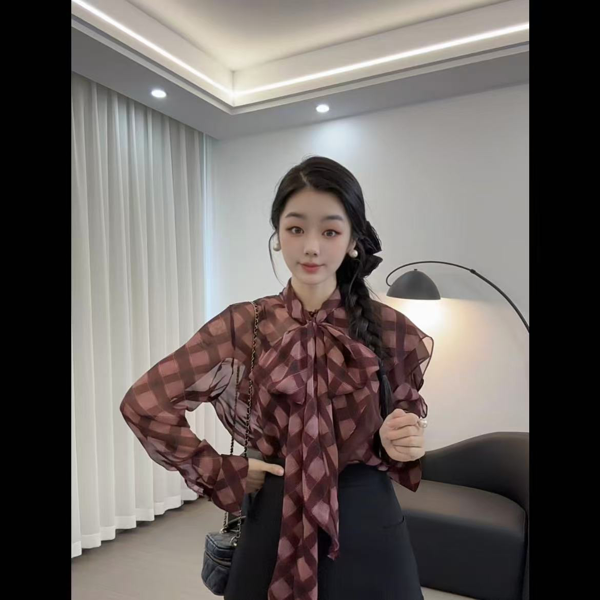 法式复古印花拼接飘带长袖衬衫女秋季新款收腰显瘦高级感衬衣上衣