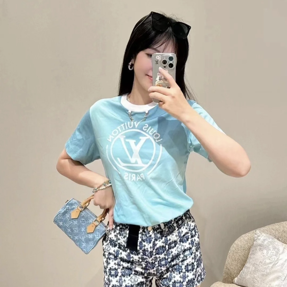 未使用 LouisVuitton/路易威登 蓝绿混色标志短袖 s码GM004637