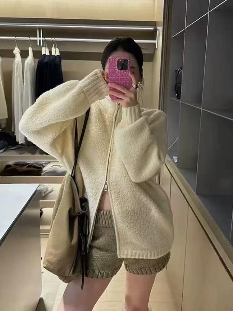 2025新款慵懒风韩版毛衣开衫外套女秋冬季宽松立领拉链针织衫上衣
