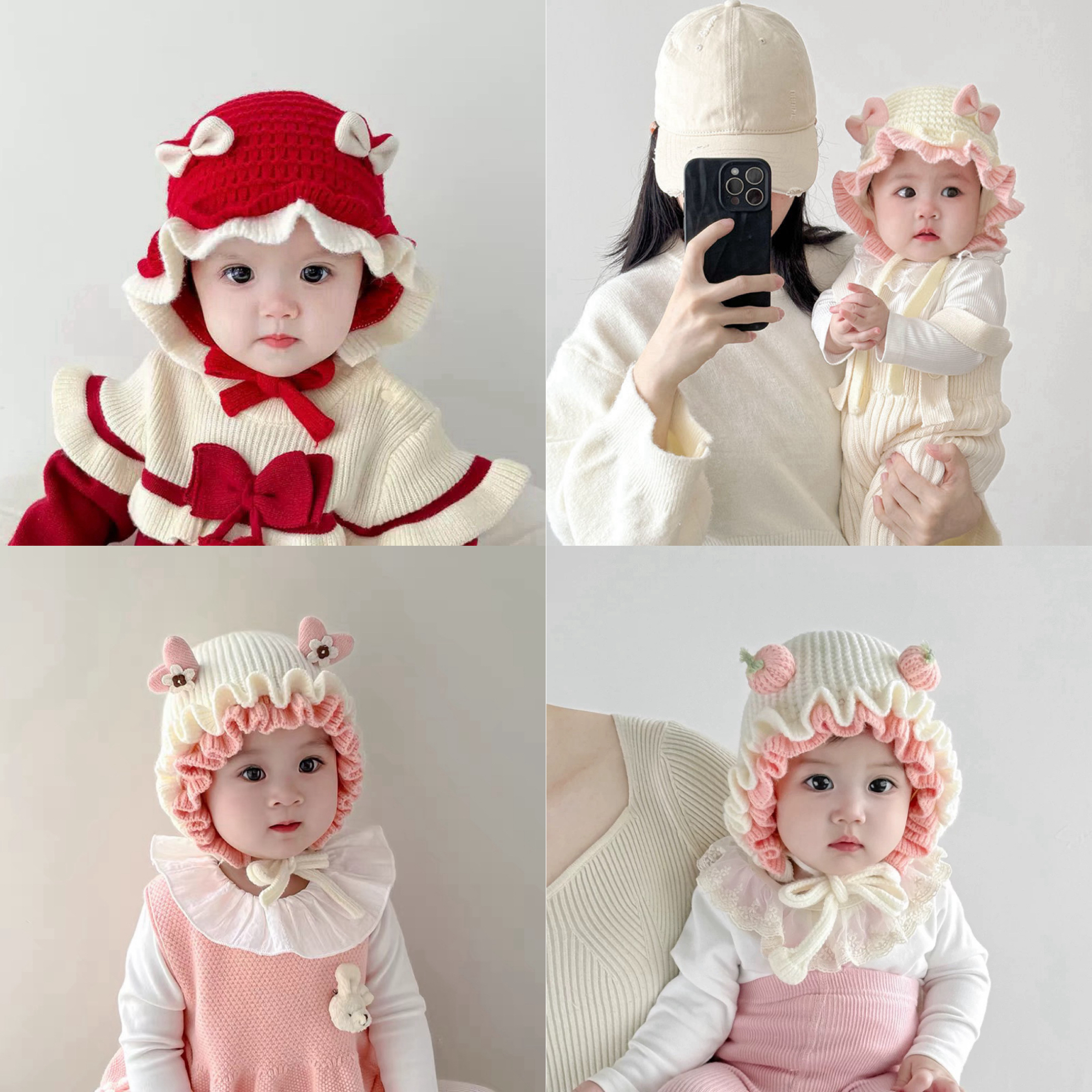 针织花边帽双层公主帽荷叶边女童洋气蝴蝶结婴幼儿婴儿秋冬季帽