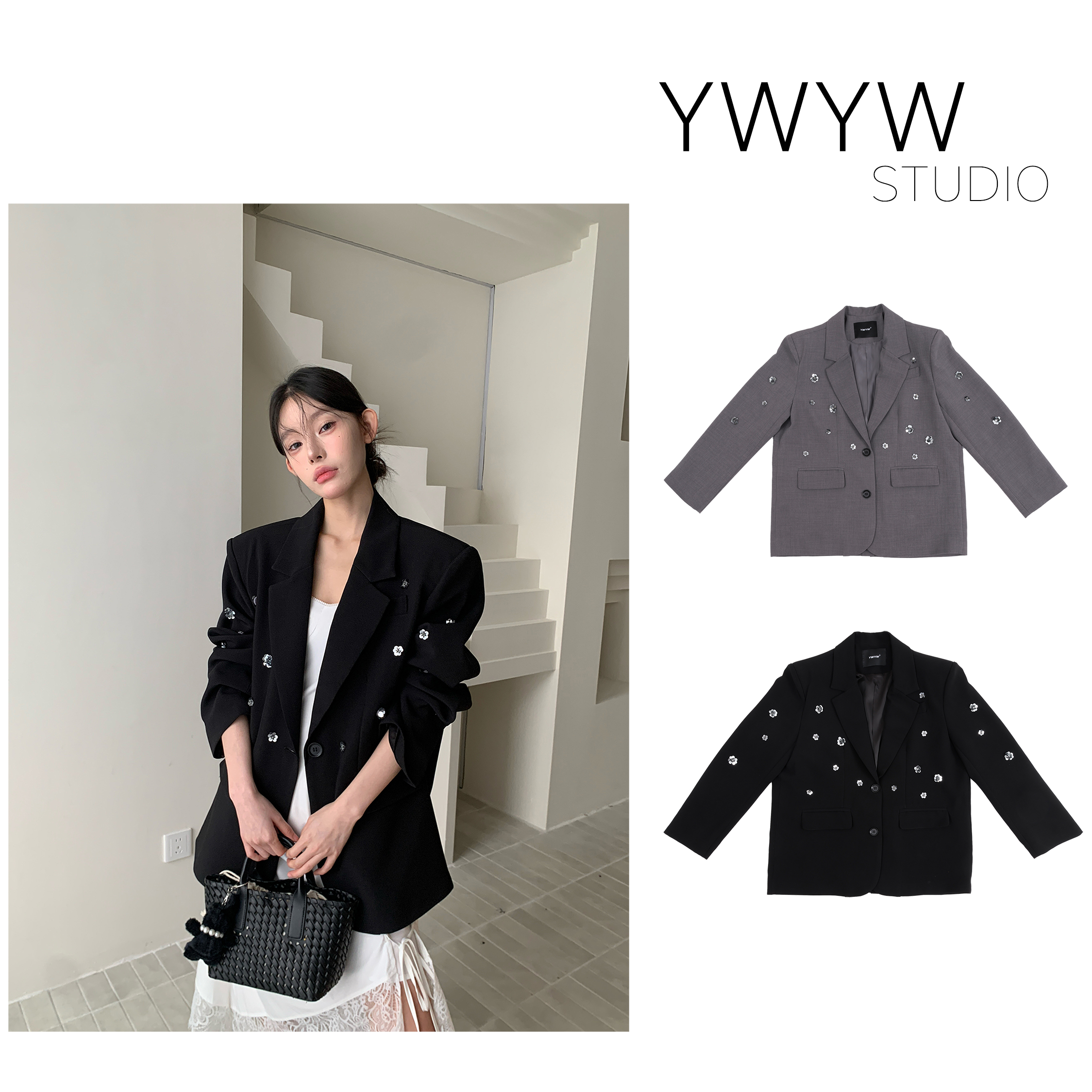 【福利款NO退换】手工亮片“钉花工艺”韩版宽松西装外套A8220