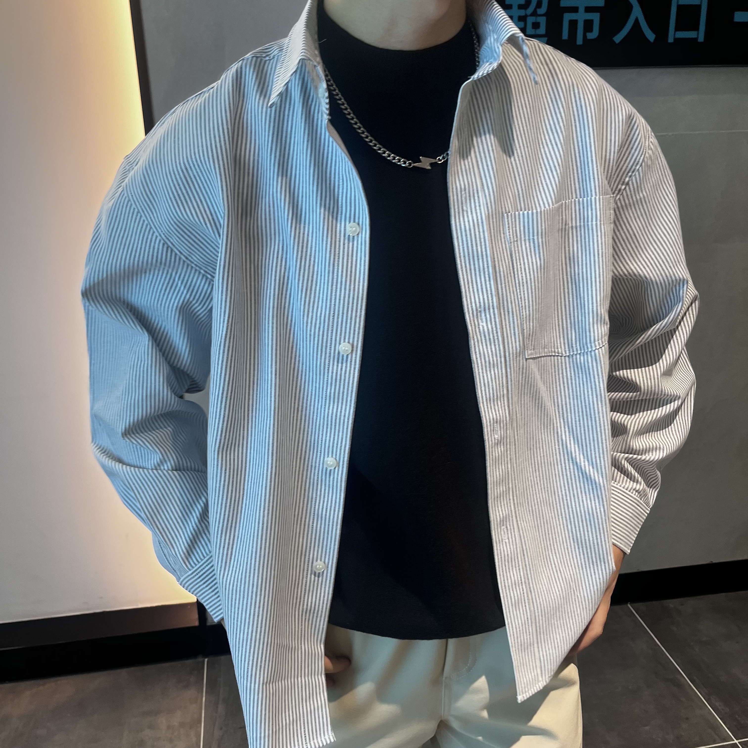 【ST】条纹衬衣衬衫男士休闲宽松长袖白色纯色ins情侣运动男款日系