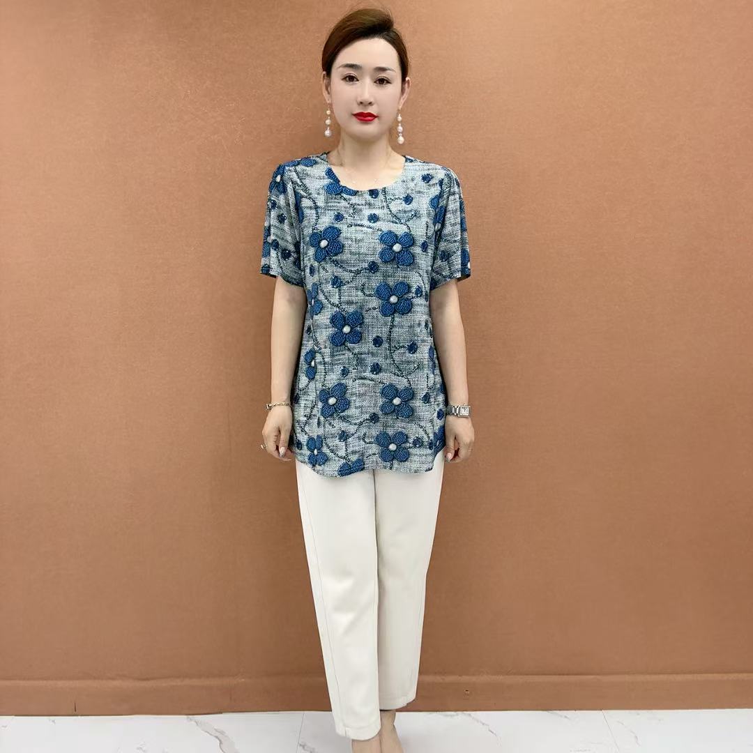 妈妈装夏季宽松百搭小衫显瘦遮肚中老年中袖印花气质加肥加大上衣