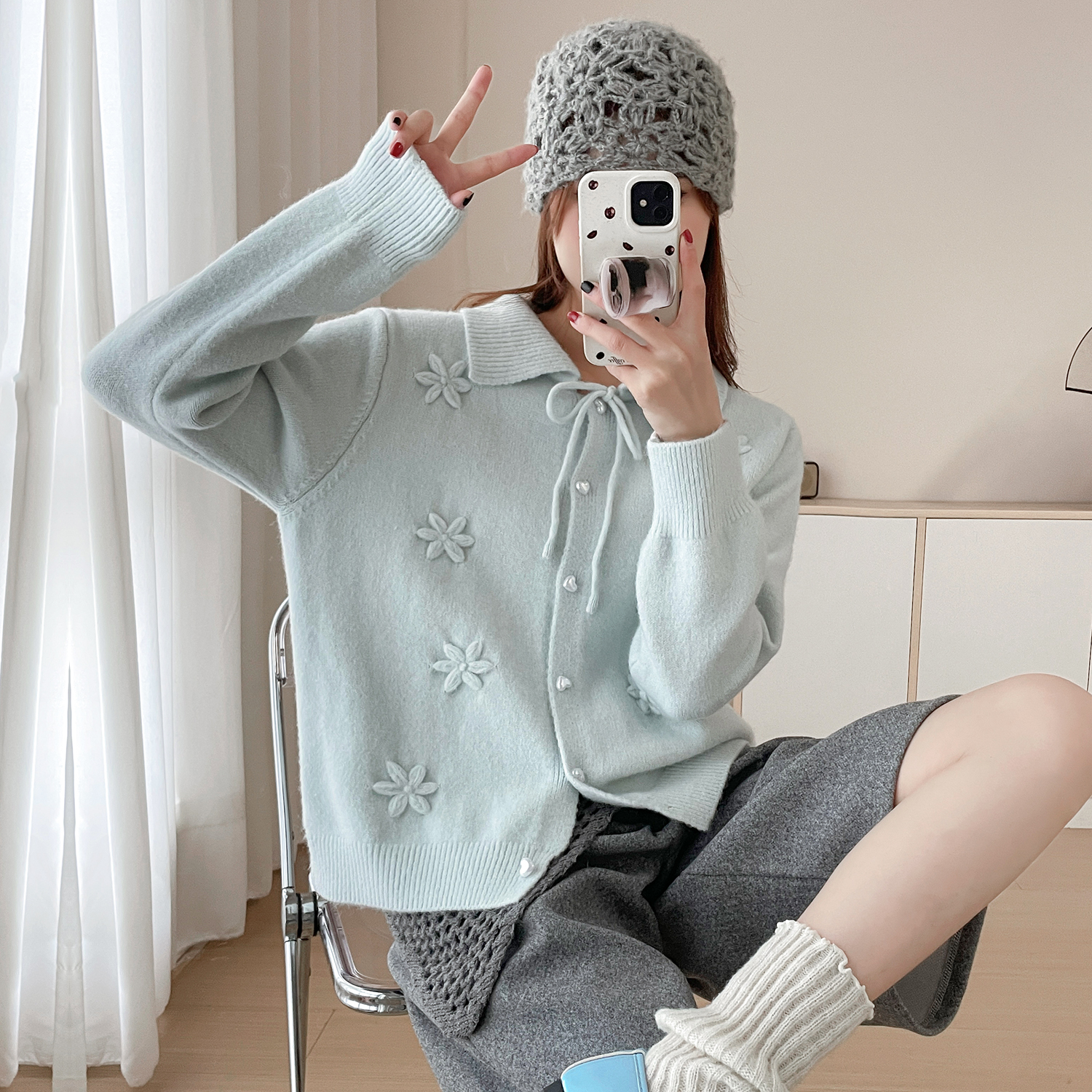 苏醒的乐园秋季新款开衫女翻领刺绣花朵SXMY53154修身显瘦百搭