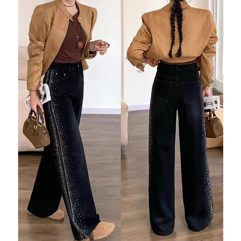 904设计感小众侧边烫钻牛仔裤子女2024春秋美式宽松阔腿裤拖地裤