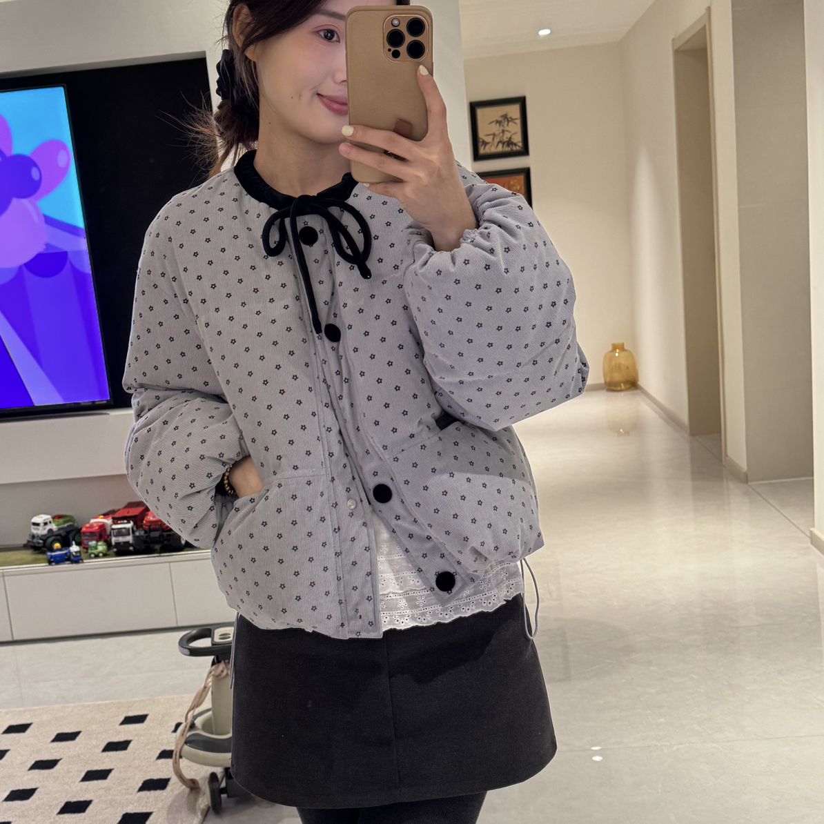 冬季显瘦减龄百搭外套小花系带圆领棉服棉衣