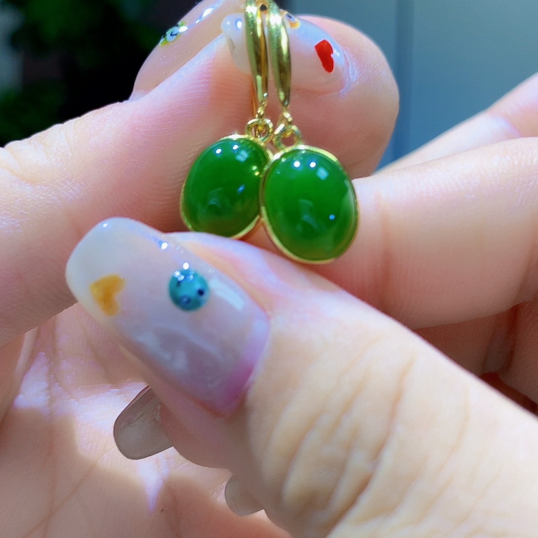 和田玉（碧玉）银S925镀金镶嵌耳饰