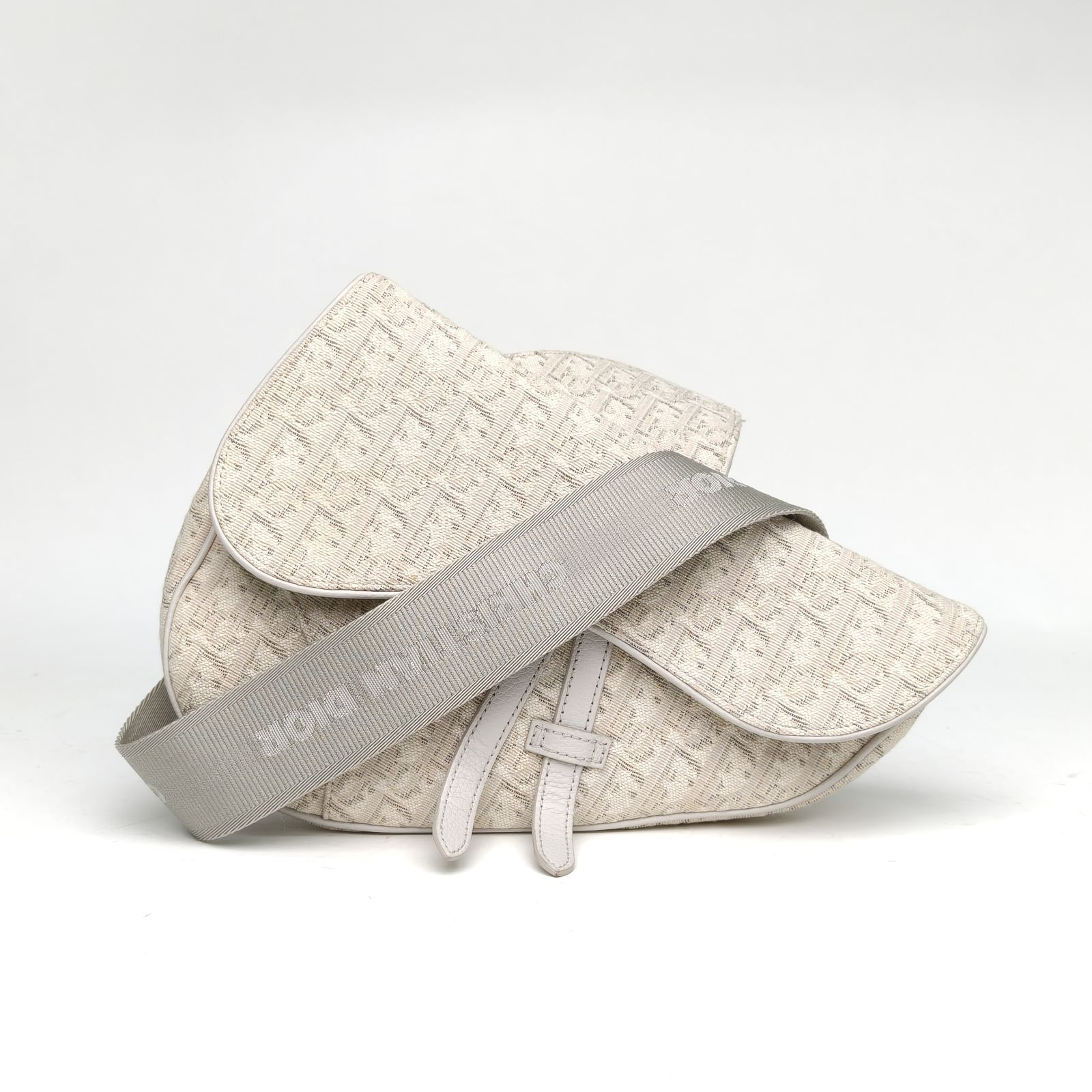 95新 DIOR/迪奥 【黑黑】SADDLE 马鞍 胸包 米白色 帆布 银扣