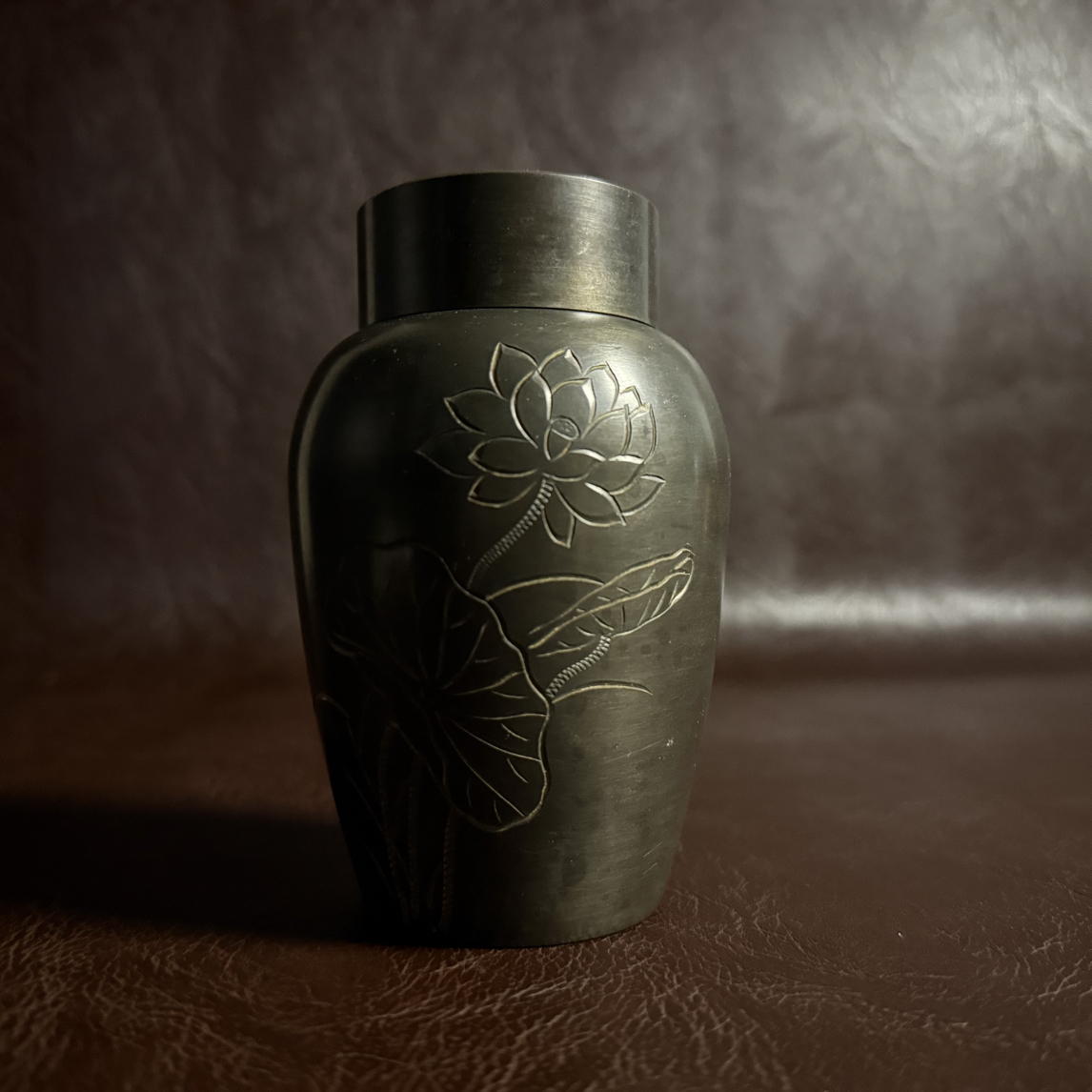 锡器 荷花茶叶罐 无耳