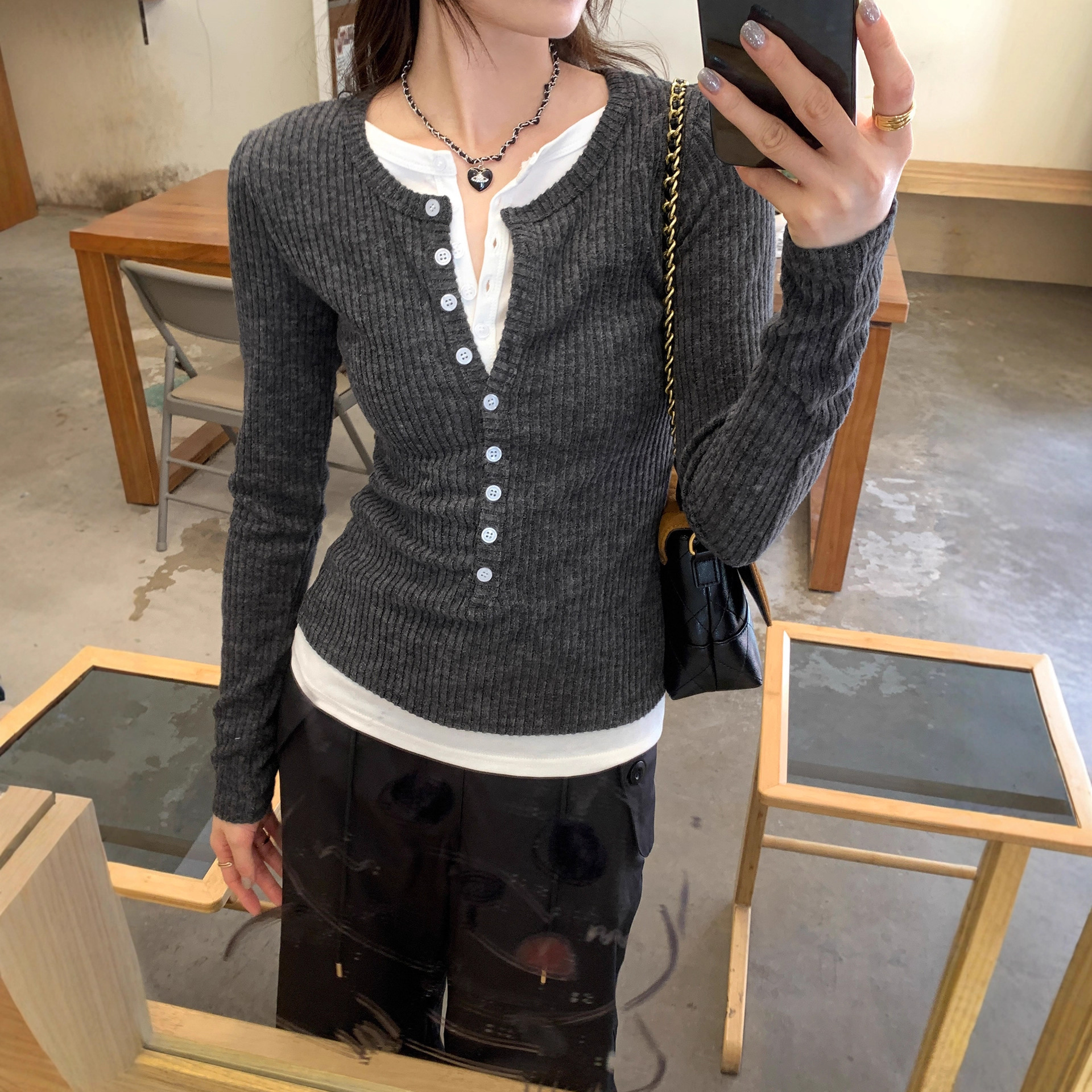 双十一款欧货小众款假两件长袖修身打底针织衫