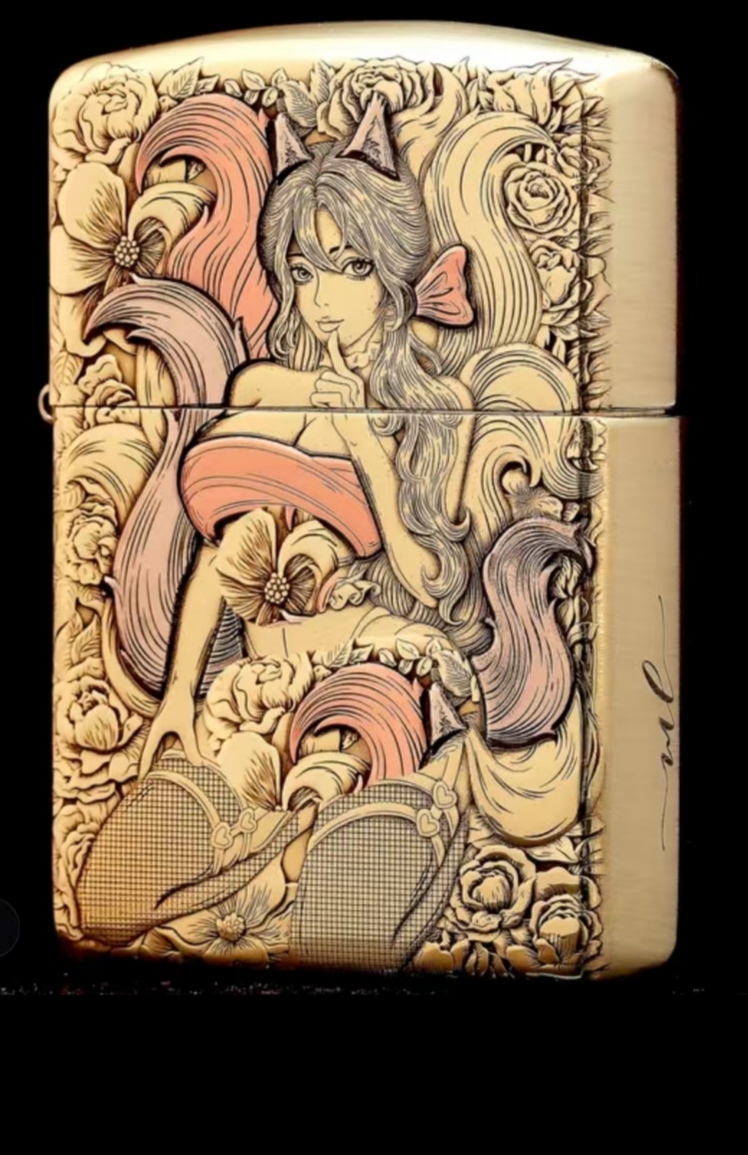 九尾  黑丝九尾 双面立体浮雕镶嵌男士防风打火机