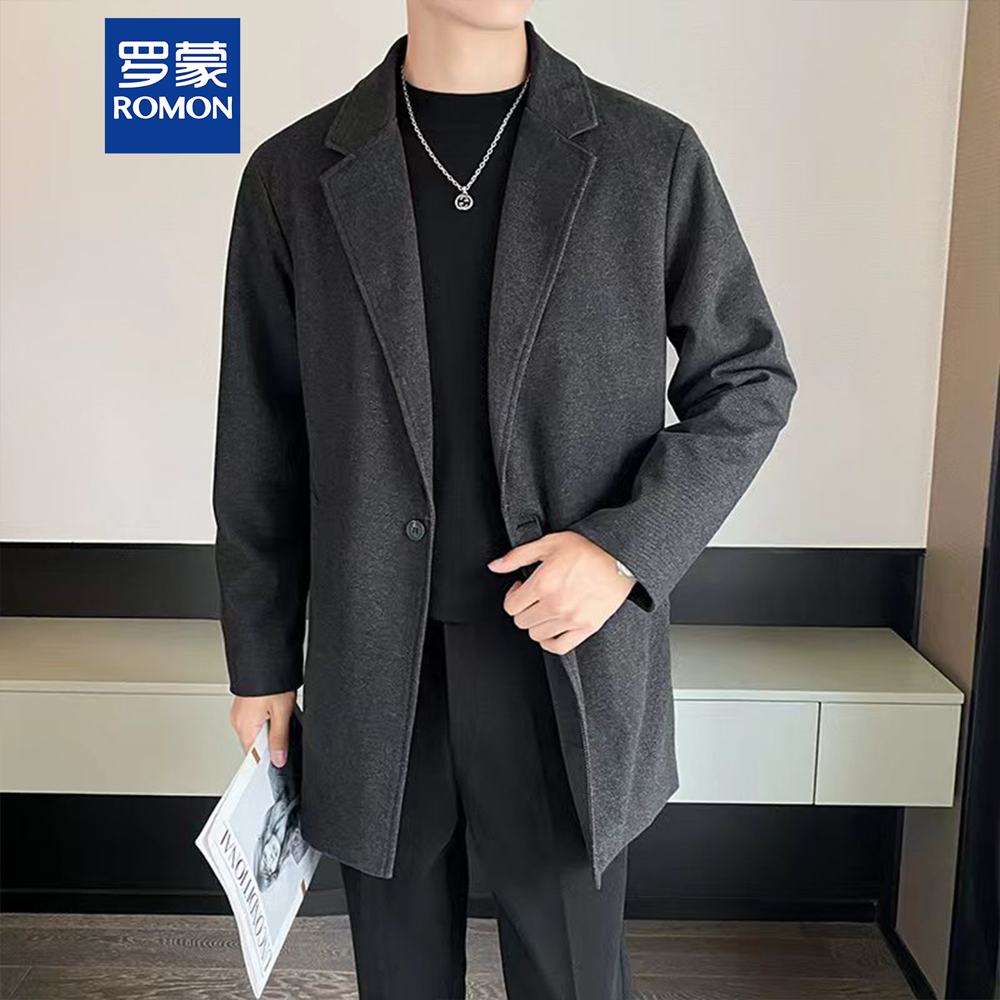 Romon/罗蒙宽松男士纽扣毛呢大衣呢子冬季男士商务呢大衣