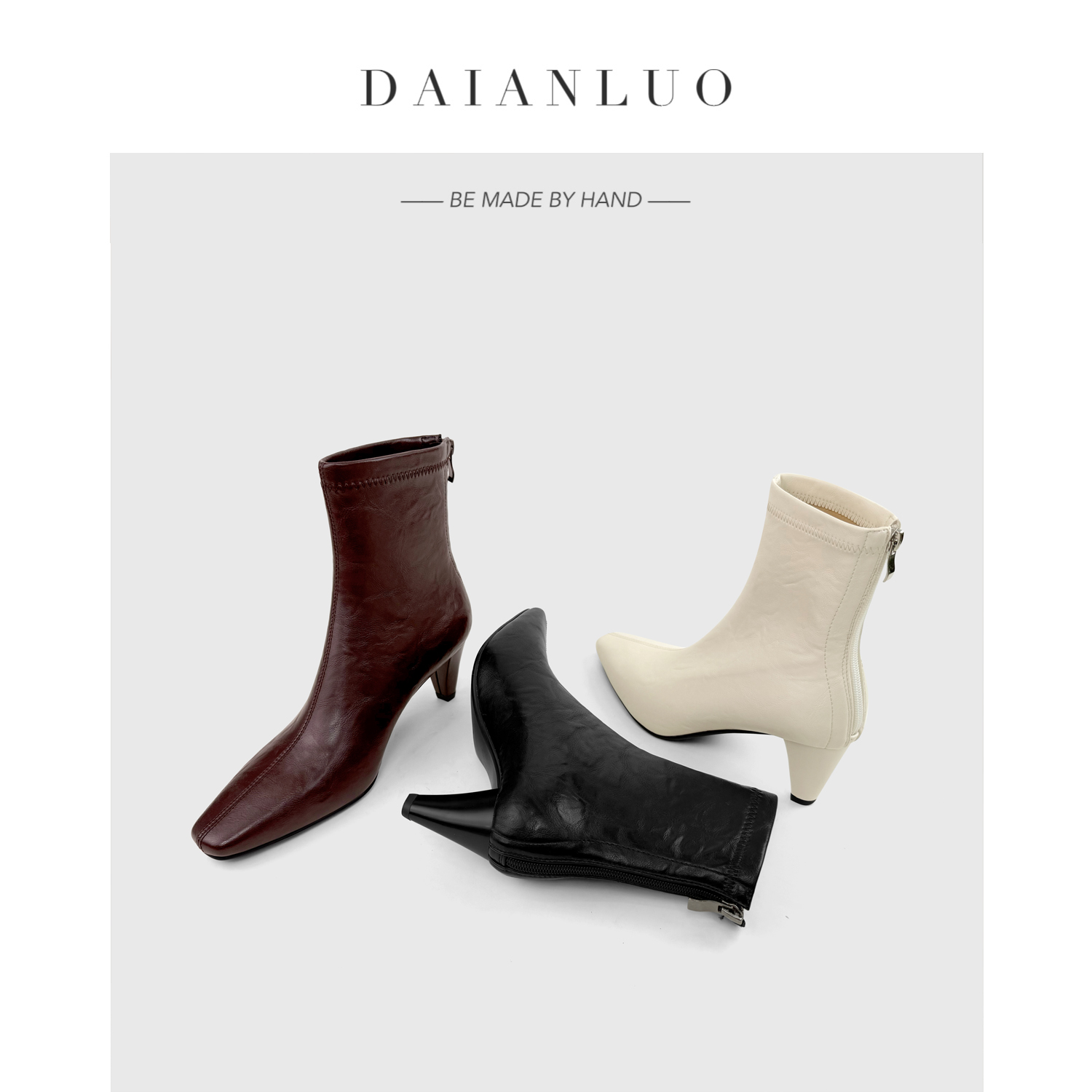 【跟高6cm】秋冬新款复古真皮瘦瘦靴方头显瘦高跟短靴粗跟弹力靴女