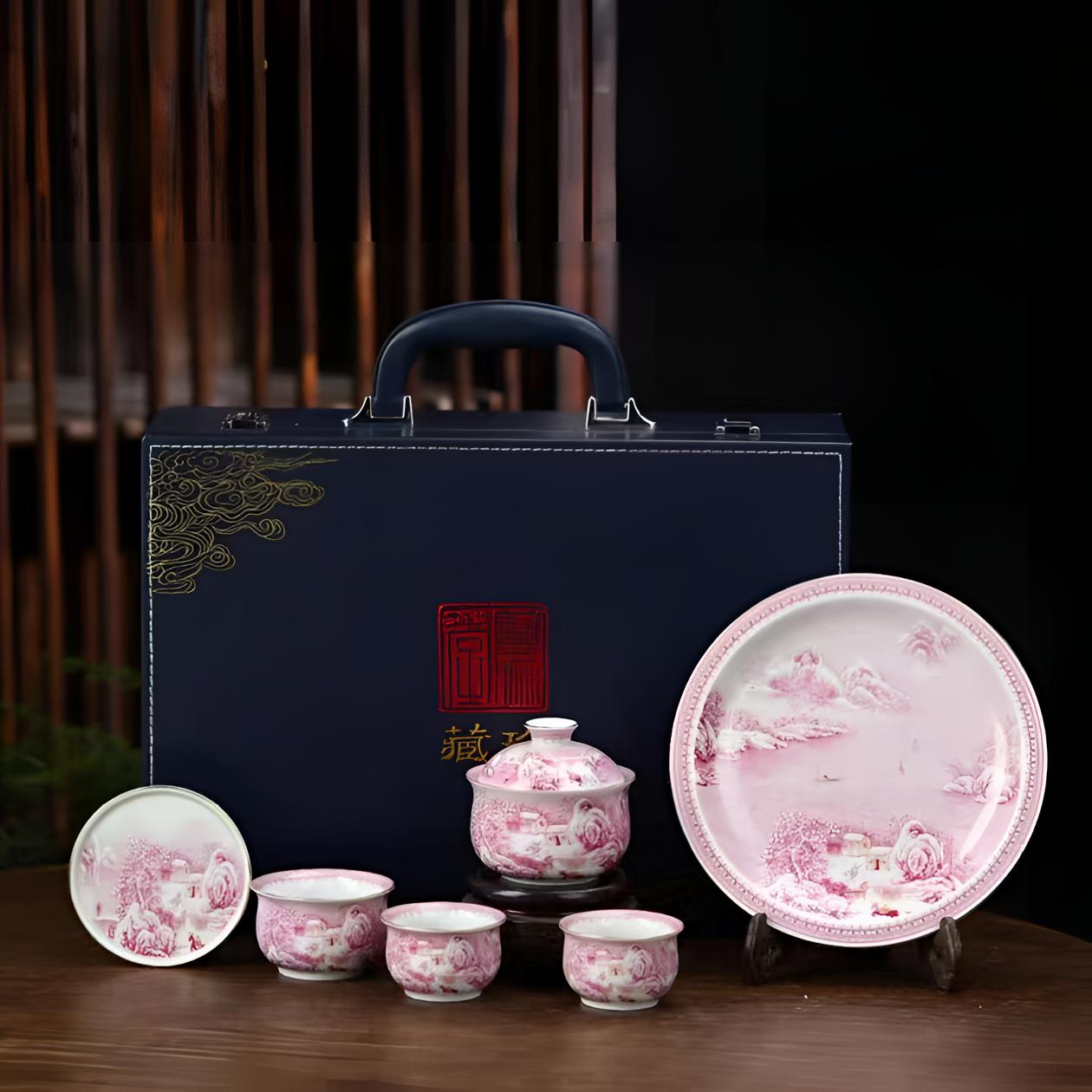 景德镇描金胭脂红雪景六件套礼盒装茶具高档套装