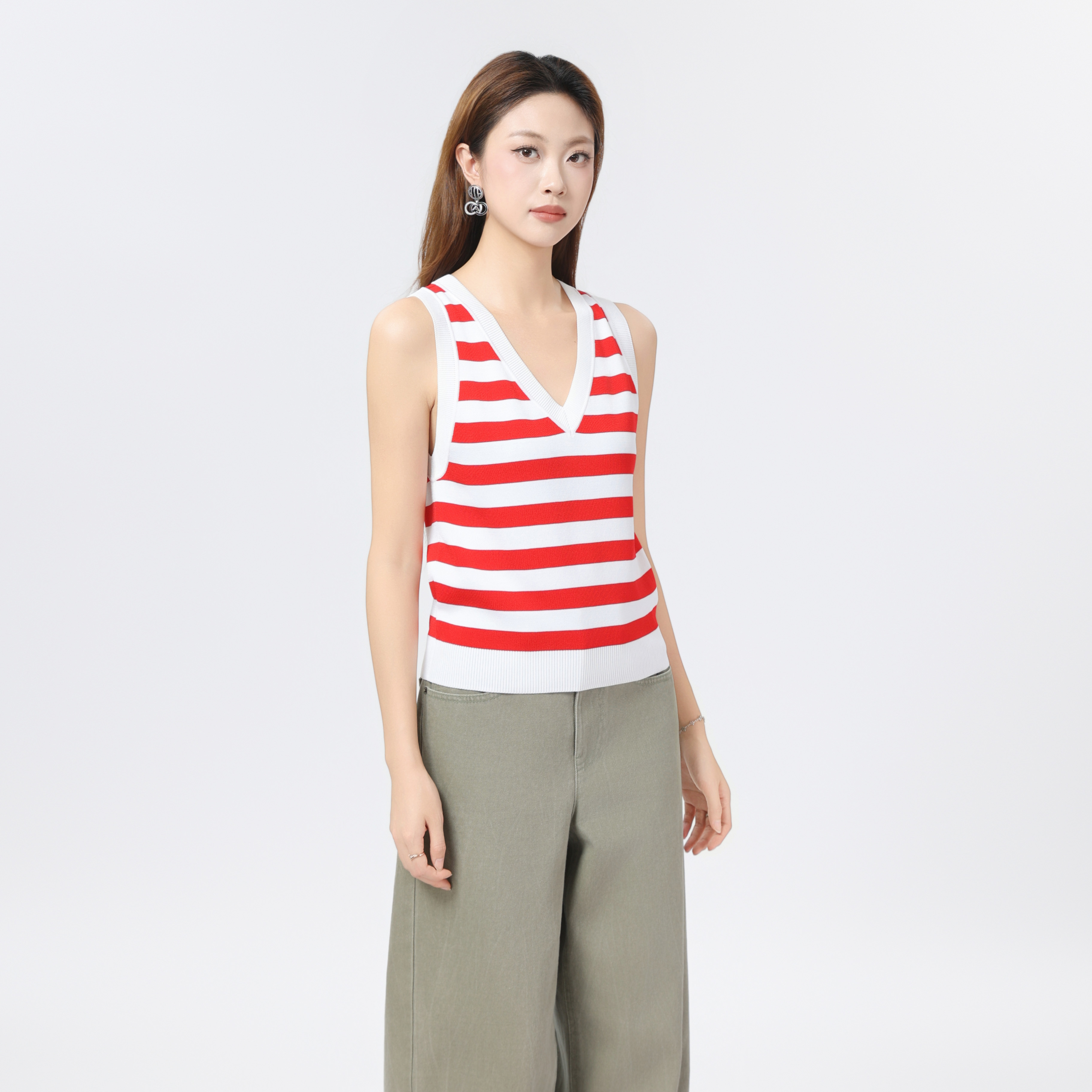 AMASS/阿玛施新款V领条纹T恤一秒入夏冰丝显瘦内搭背心女5399516