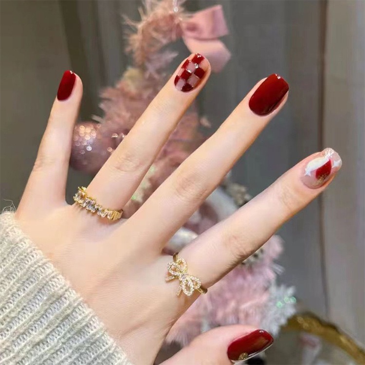 257-酒红色短款穿戴甲格子美甲贴片显白可拆卸成品假指甲贴24片