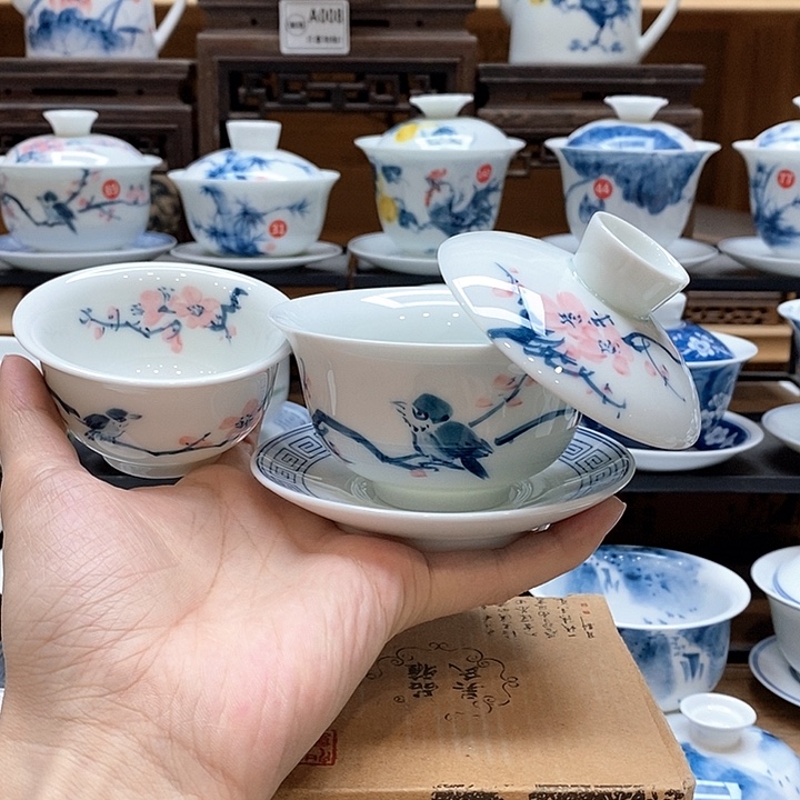 手绘喜上眉梢130cc悬停盖碗➕压手杯85cc釉下彩微瑕福利款