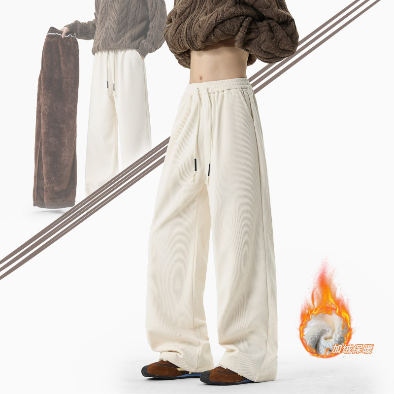 港风冬季条纹抽绳加绒保暖休闲裤男生百搭宽松加厚保暖休闲长裤