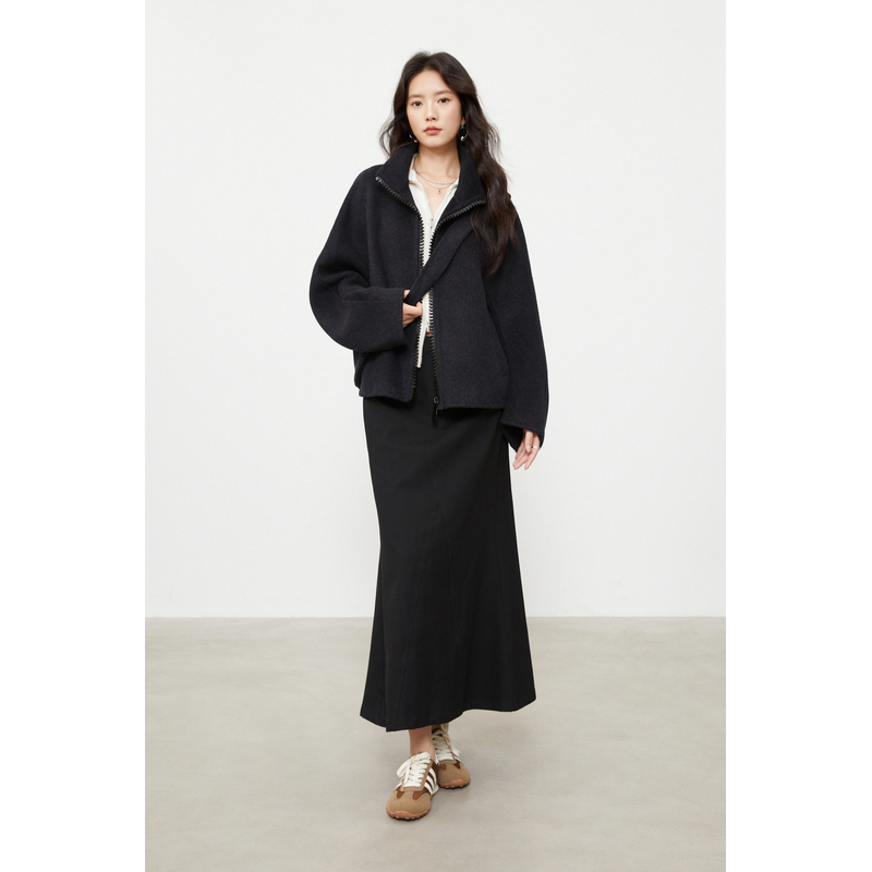 SANI大衣女秋冬季拉链翻领羊毛羊绒软绒外套女69D102DY0772