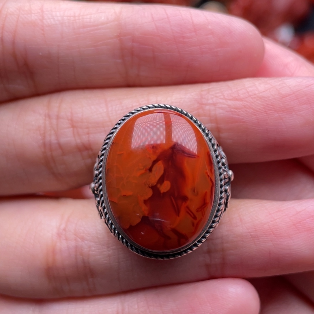 南红玛瑙银S925镶嵌珠宝奇石戒指