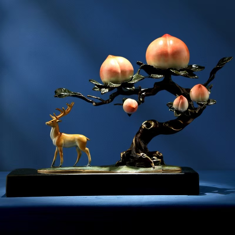 同欢福《福鹿多寿》彩铜寿桃铜鹿摆件家居工艺品送老人长辈生日乔迁