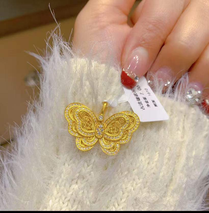 坠链均足银 带钻花丝蝴蝶吊坠饰品精致挂坠金色3047（不配链子）