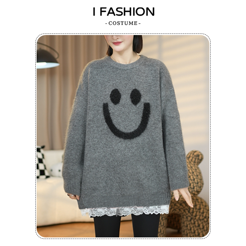 2025年冬季新款韩系简约笑脸蕾丝拼接假两件针织衫女宽松显瘦上衣