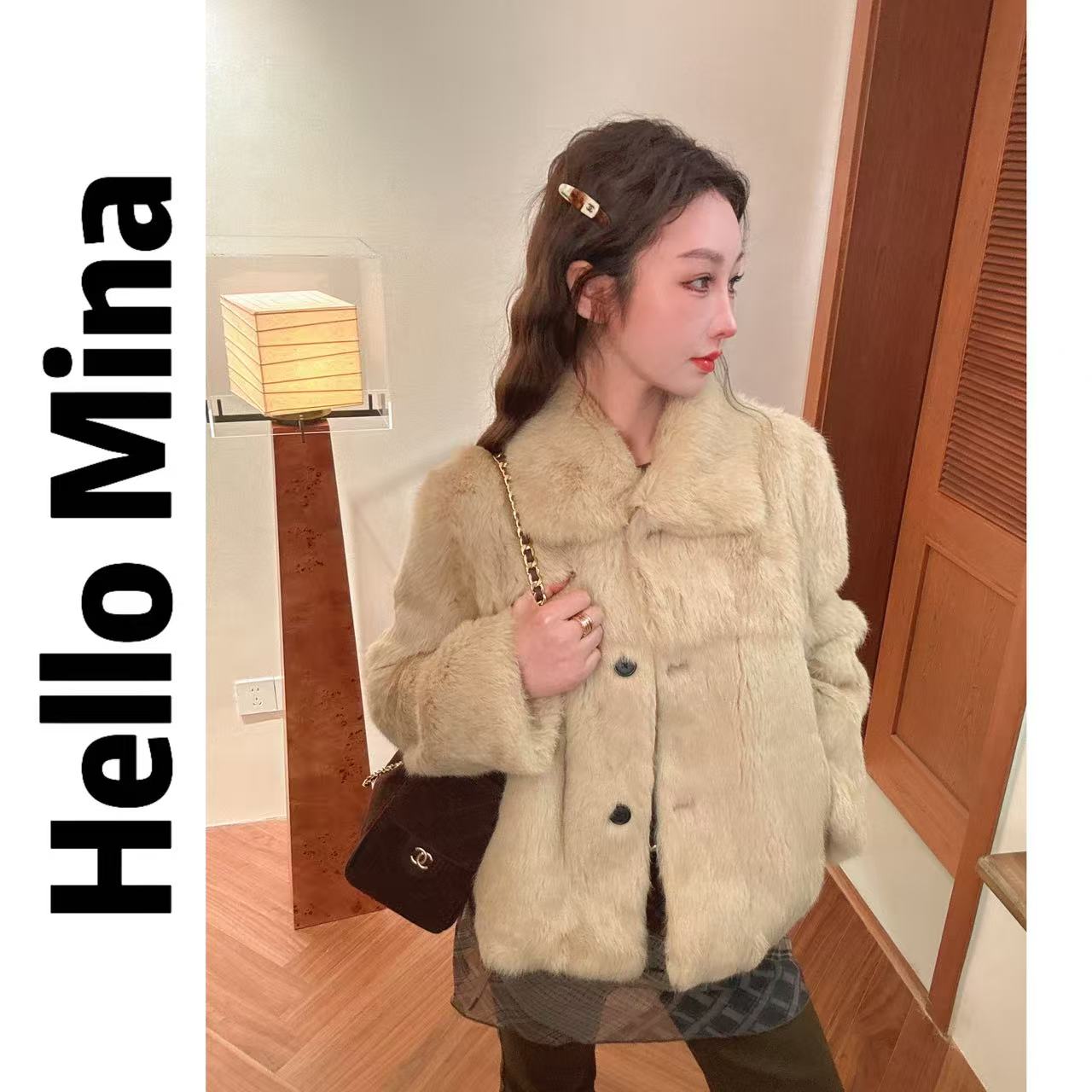 60265韩系新款真毛兔毛草草外套