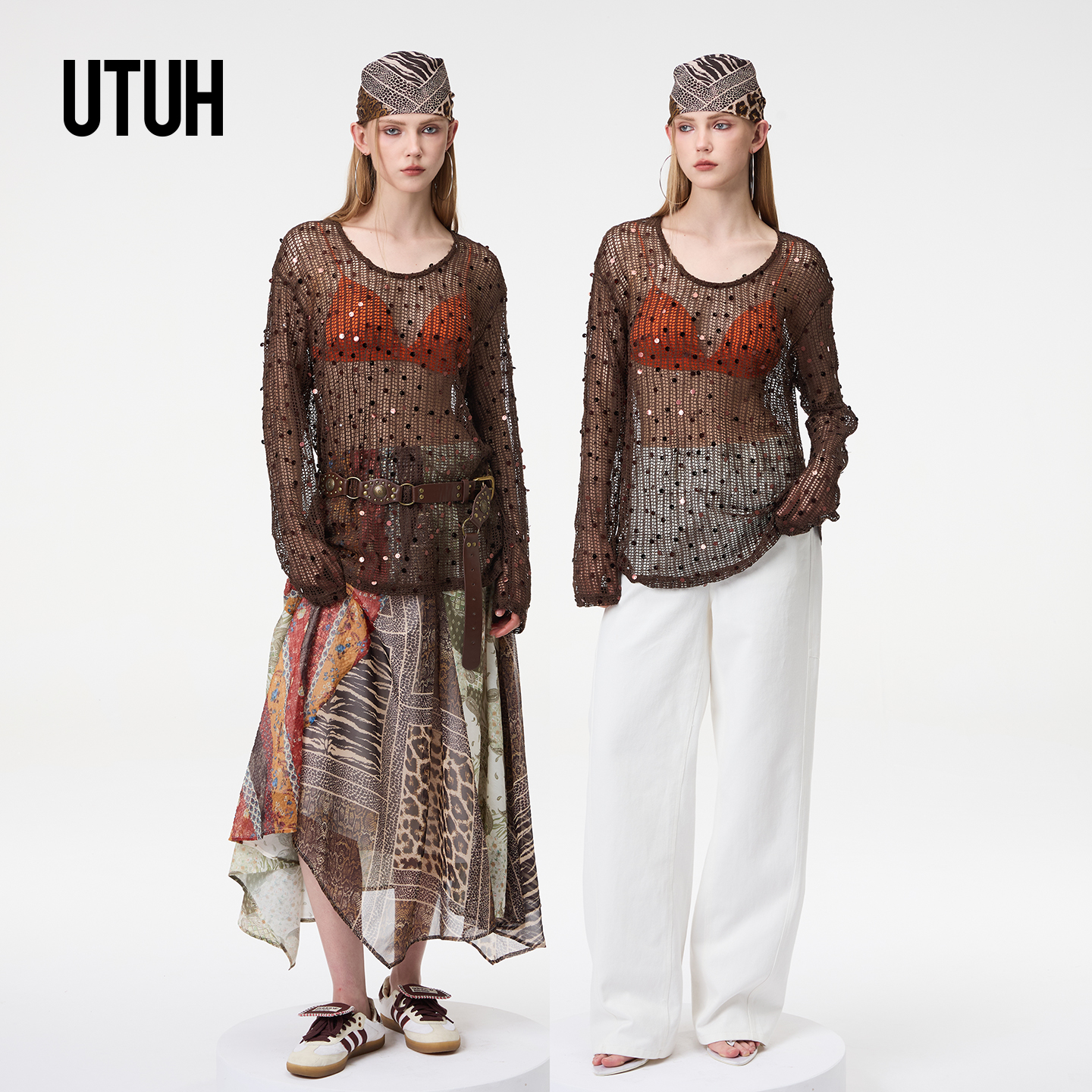 UTUH 咖色波西米亚复古风针织珠片钉珠性感透视上衣女 TUWWR2N160