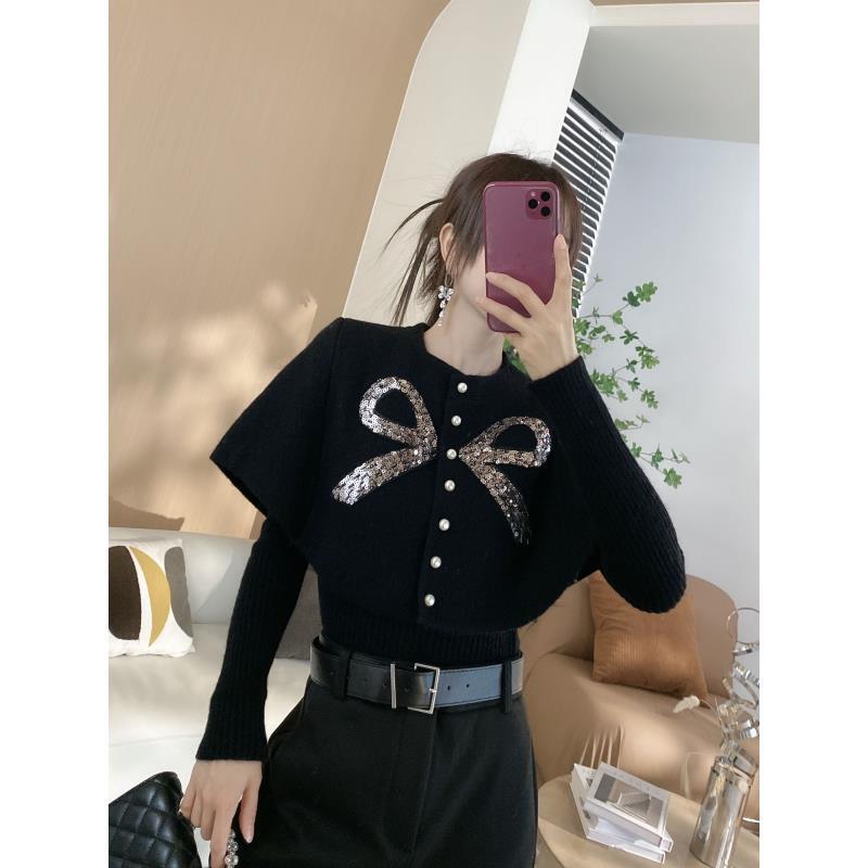 亮片真两件蝴蝶结斗篷毛衣3564