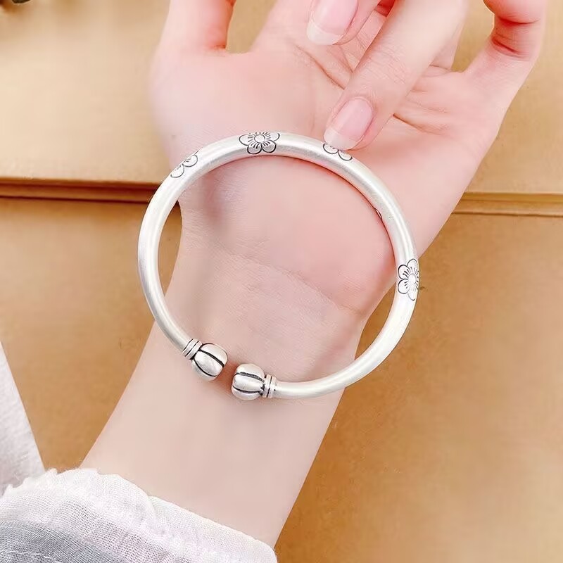 足银手镯 120号链接 足银复古多福南瓜梅花实心手镯送闺蜜哑光