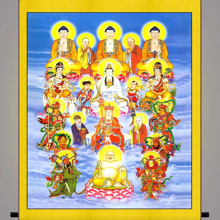 圆轴全堂佛全屏满屏油画布挂画 全佛图佛祖菩萨 佛堂佛龛卷轴挂画