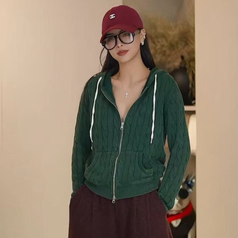 【多多还是多多】RL重水洗做旧显瘦立体麻花带帽针织衫DX-RMA01