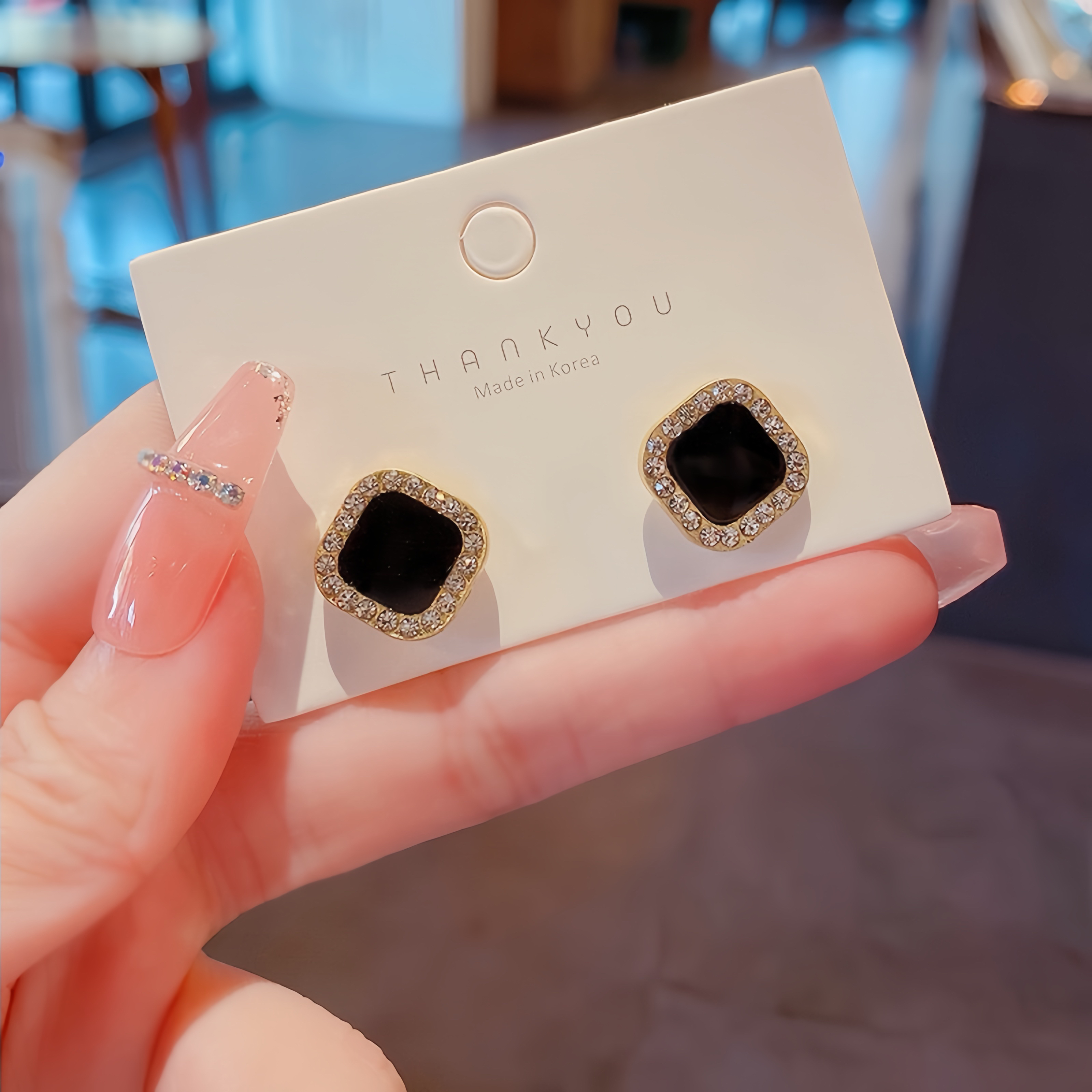 铜合金珐琅耳饰 925银针ins潮简约几何形耳钉女超闪镶钻高级