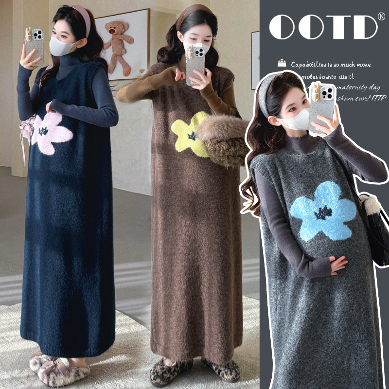 2026孕妇秋冬刺绣花朵毛衣背心裙搭配打底衫套装时髦减龄中长款