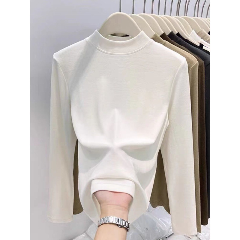 纯棉纯色长袖恤女新款洋气百搭半高领上衣秋冬加厚内搭打底衫