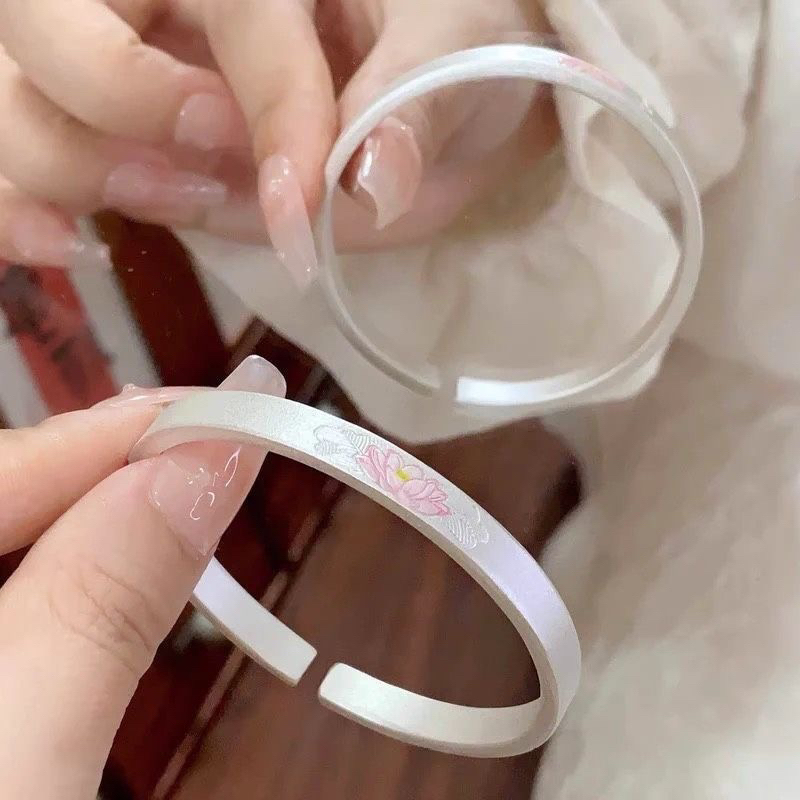 足银手镯 足银莲花实心古法手工錾刻珐琅彩可调节不掉色镯子时尚