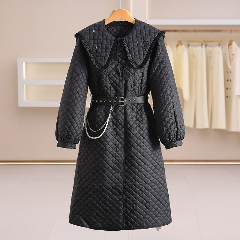 F8460-【菀】菱格花边翻领显瘦气质中长款棉服棉衣#BPH58N010