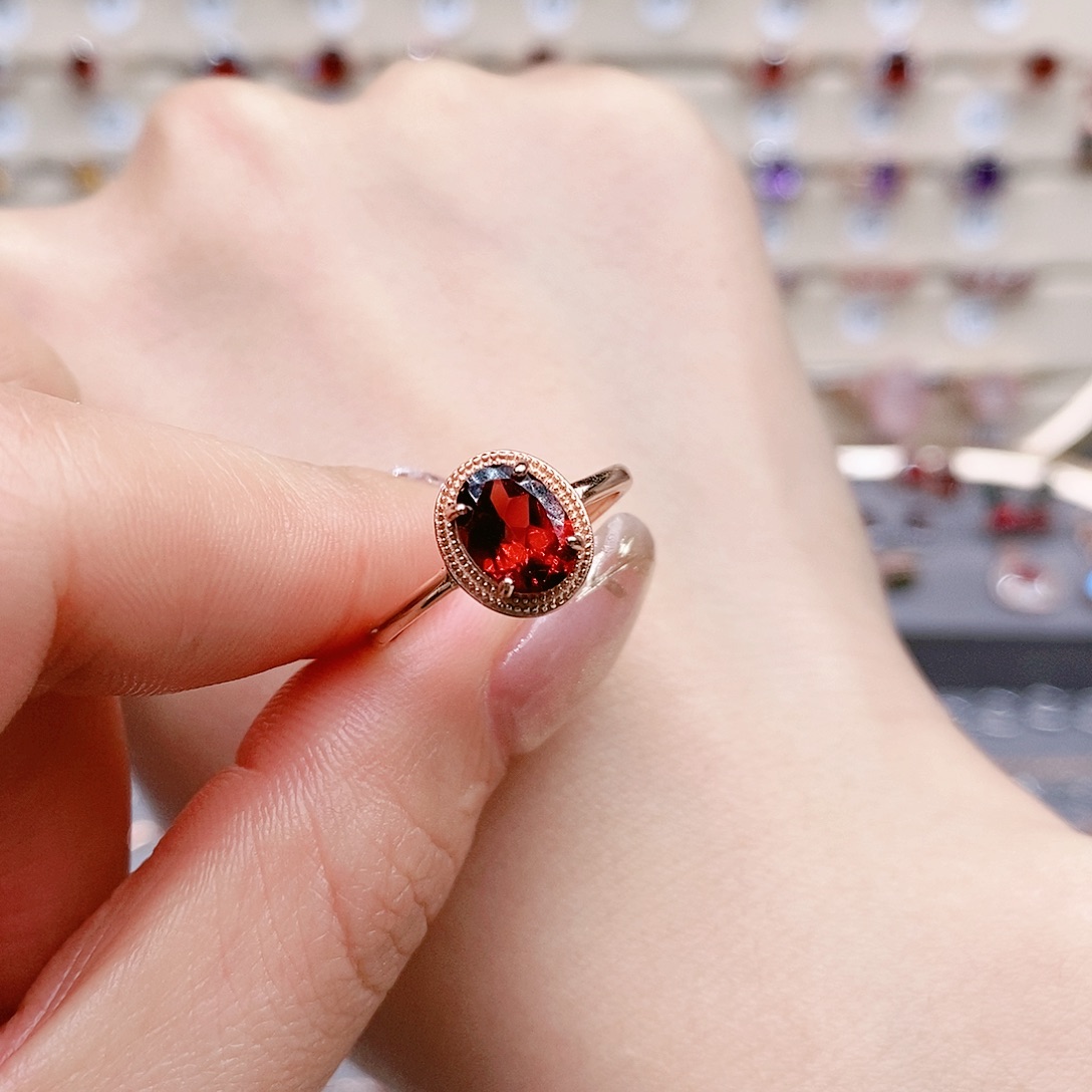 石榴石戒指银S925镶嵌戒指