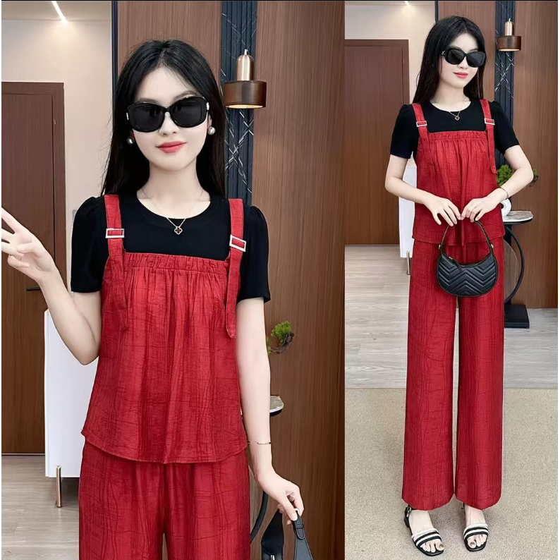 2025夏季新款假两件短袖上衣直筒裤两件套7857【4】