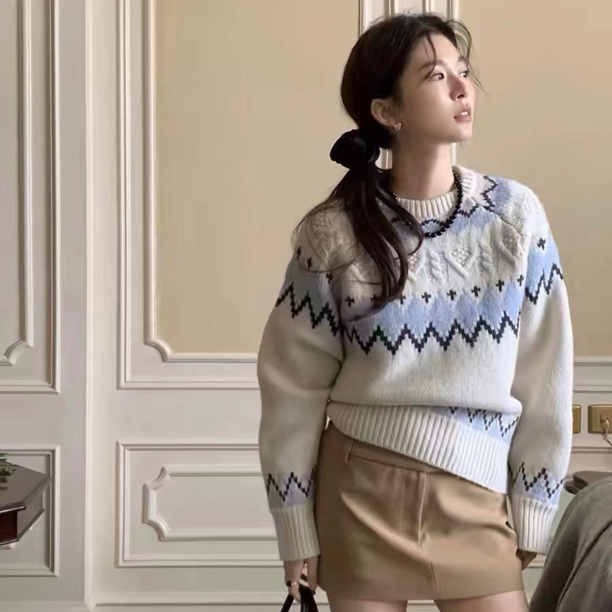 复古撞色费尔岛提花麻花毛衣秋冬韩chic软糯圆领针织衫上衣