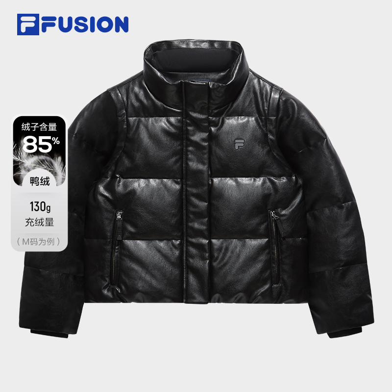 FILA斐乐PU皮衣运动羽绒服女款冬季保暖立领鸭绒外套T11W545906F