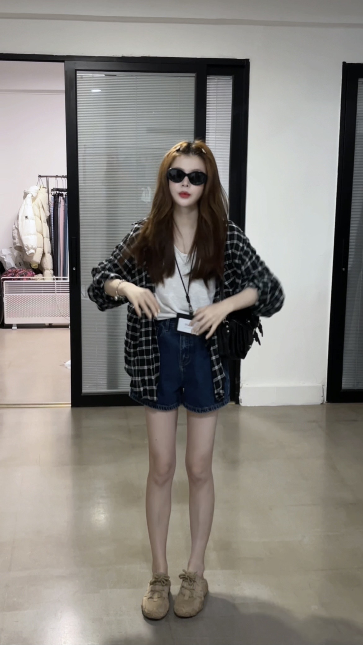 黑色格纹软料长袖防晒衬衫 250516