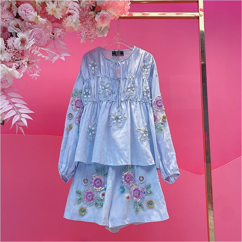 A1808欧美设计师2025夏季新款重工钉珠刺绣立体小花时尚短裤套装