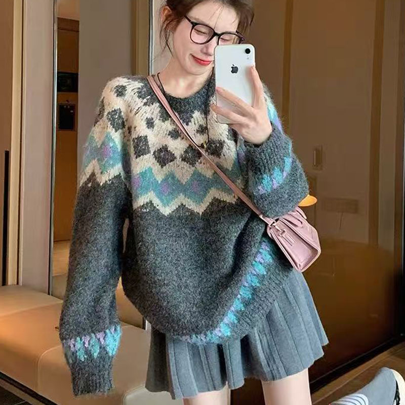 费尔岛圆领毛衣女2025新款冬季加厚打底衫港味复古慵懒套头针织衫