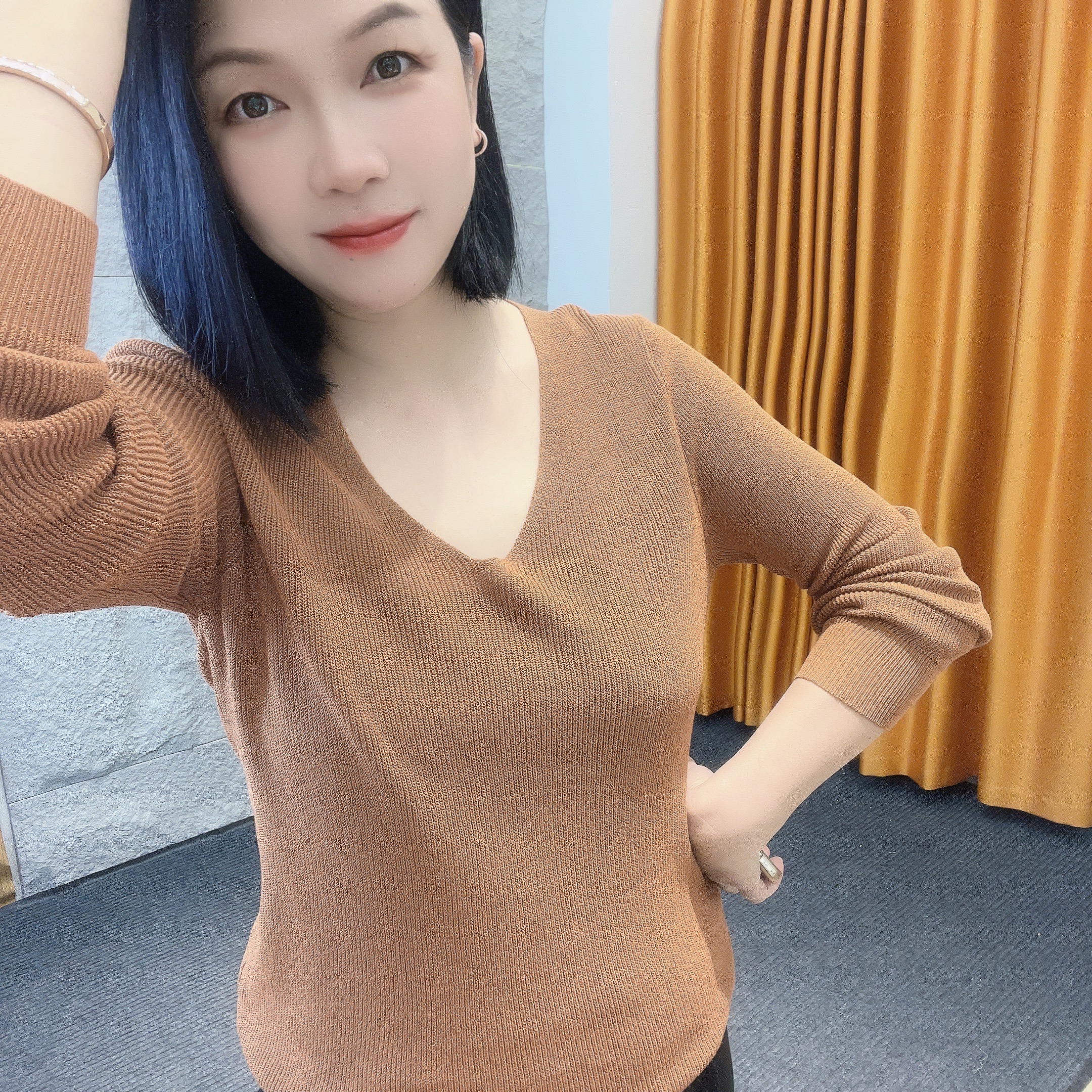 5485秋上新~针织纯色法式春秋冬V领毛针织衫美拉德焦糖色气质V领