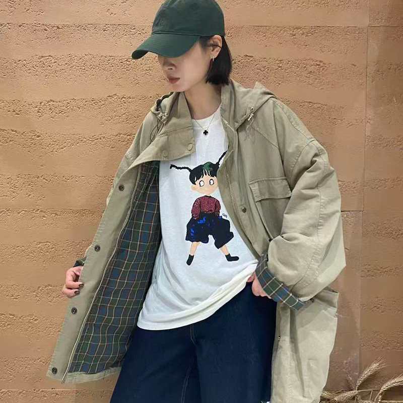 TY57637韩版中长款宽松大码连帽潮工装大口袋风衣女款2025新款